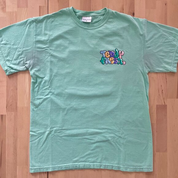 Teddy Fresh Mint Green Short Sleeve T-Shirt with Bubble Font Text Logo sz Medium - Picture 1 of 4